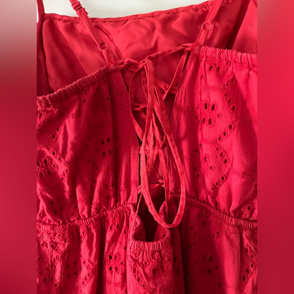 Women’s ASOS Cotton Red Maxi Dress Tiered Cami Eyelet Sundress Lined size 4 - Picture 4 of 10